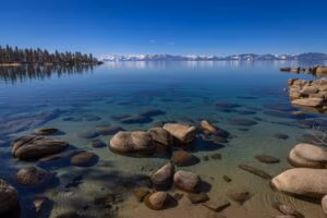 Clear Lake Tahoe water with shoreline stones and Sierra Nevada mountains in the distance.