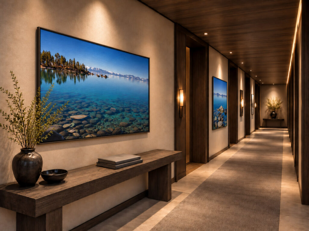 Luxury hotel corridor with a series of Lake Tahoe photographs showing clear turquoise water, shoreline rocks and distant mountains.