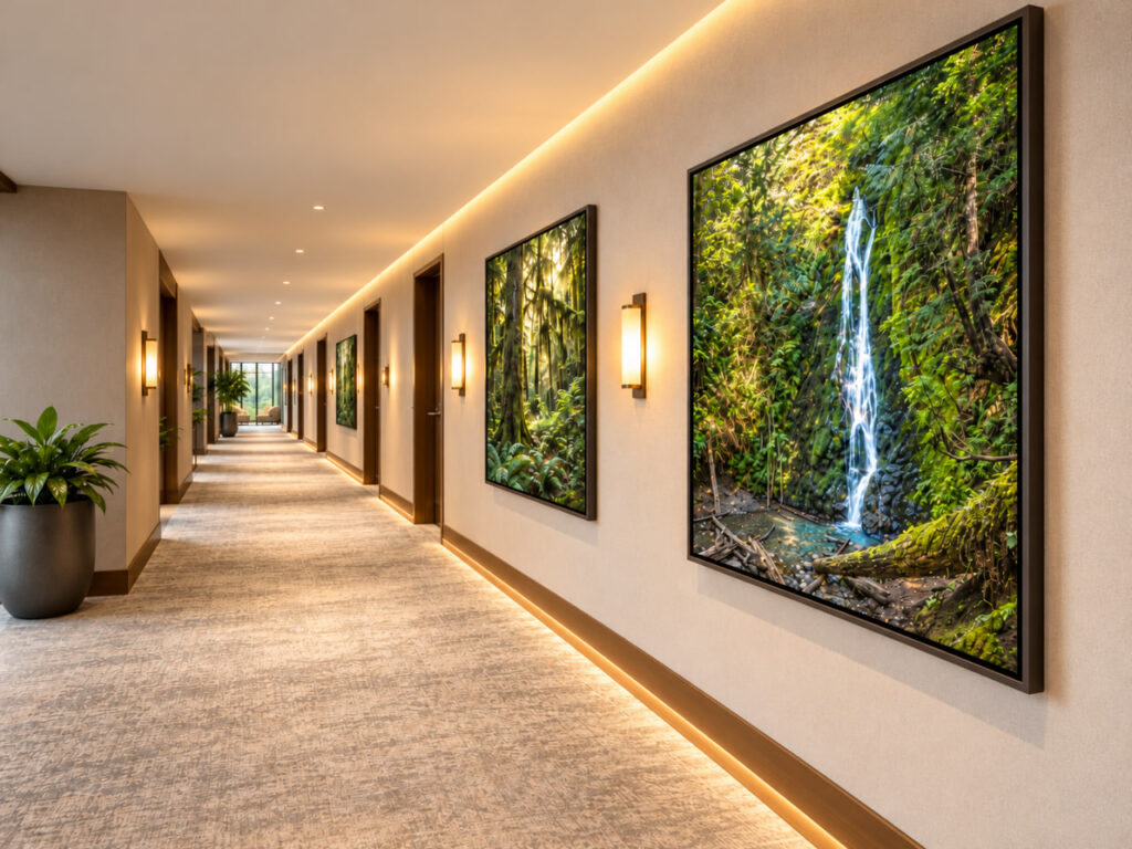 Contemporary hotel corridor with a coordinated series of framed rainforest and waterfall photographs beneath warm architectural lighting.